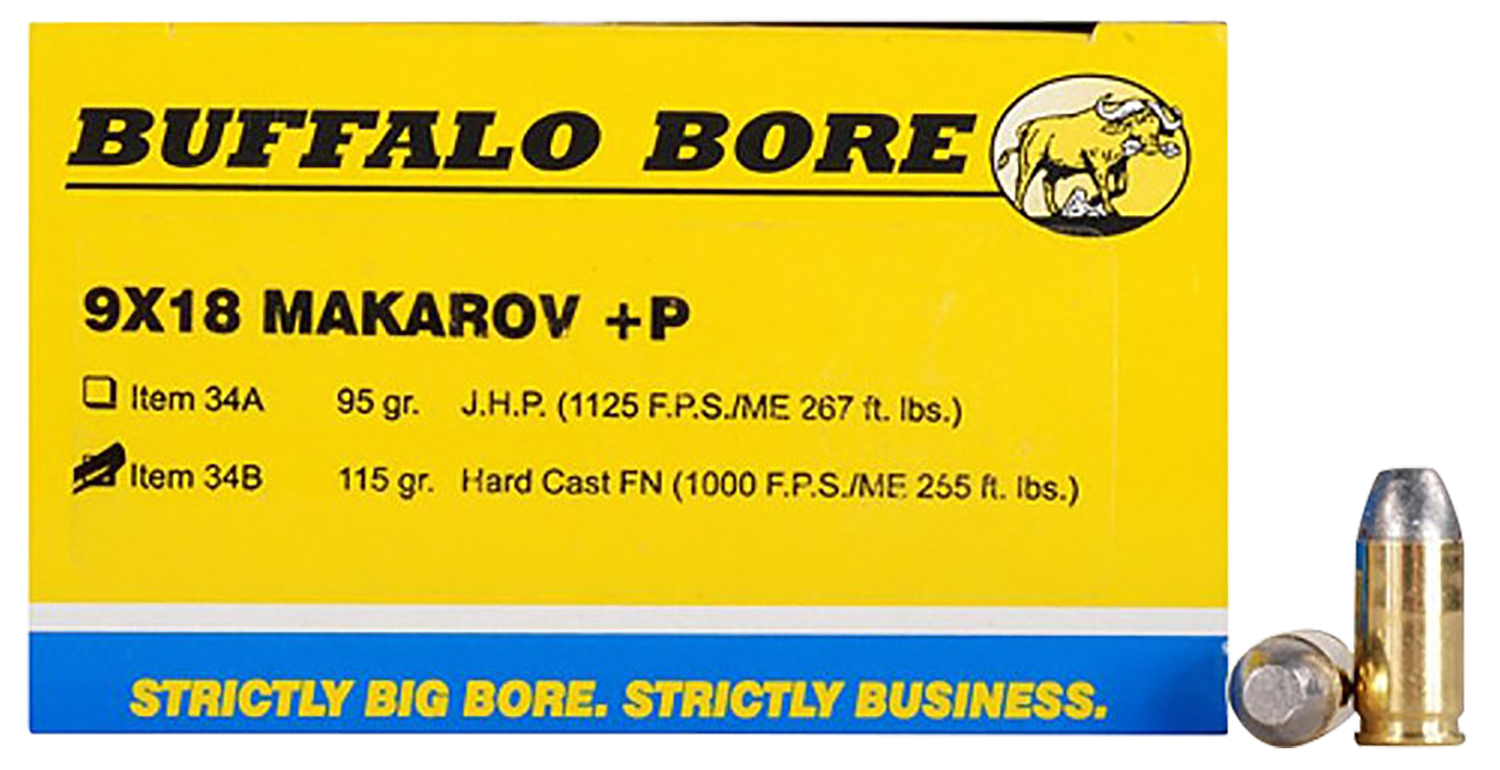 Buffalo Bore Handgun Ammunition 34B/20, 9x18mm +P (9mm Makarov), Hard Cast Flat Nose (FN), 115 GR, 1000 fps, 20 Rd/Bx