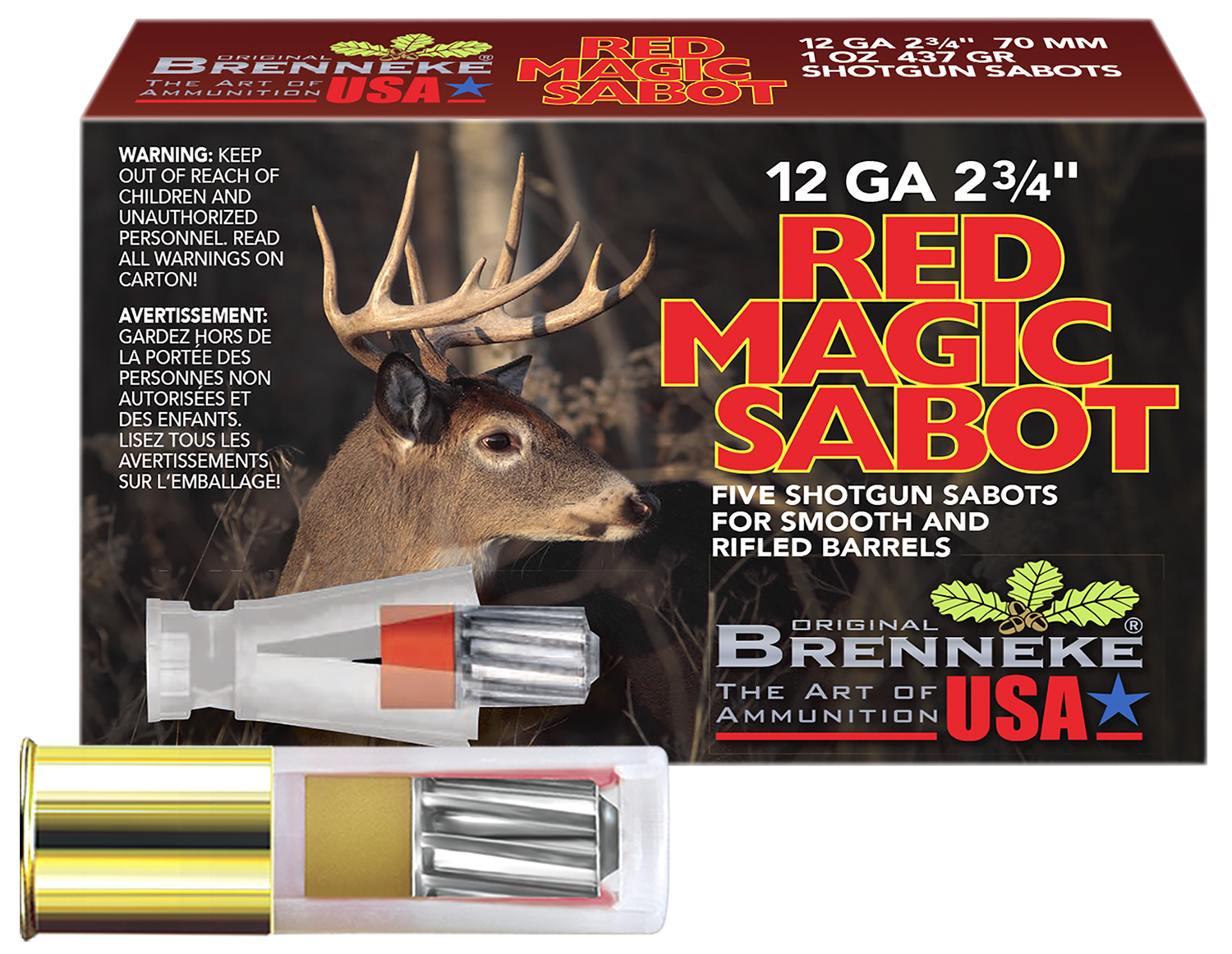 Brenneke Red Magic Shotshells SL122RMS, 12 Gauge, 2-3/4", 1 oz, 1584 fps, Sabot Slug, 5 Rds/box