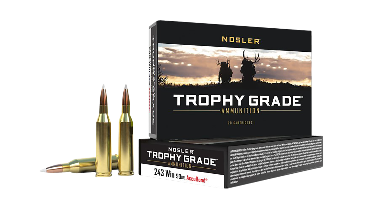 Nosler Trophy Grade Rifle Ammunition 48263, 243 Winchester, AccuBond, 90 GR, 3100 fps, 20 Rd/Bx