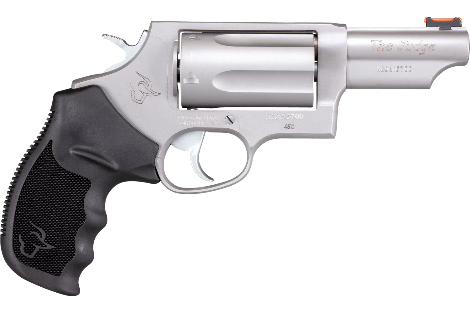 Taurus Judge Revolver 2441039T, 410 GA/45 Long Colt, 3", Ribber Grip Overlay, Matte Stainless Finish, 5 Rd, Fiber Optic Sights