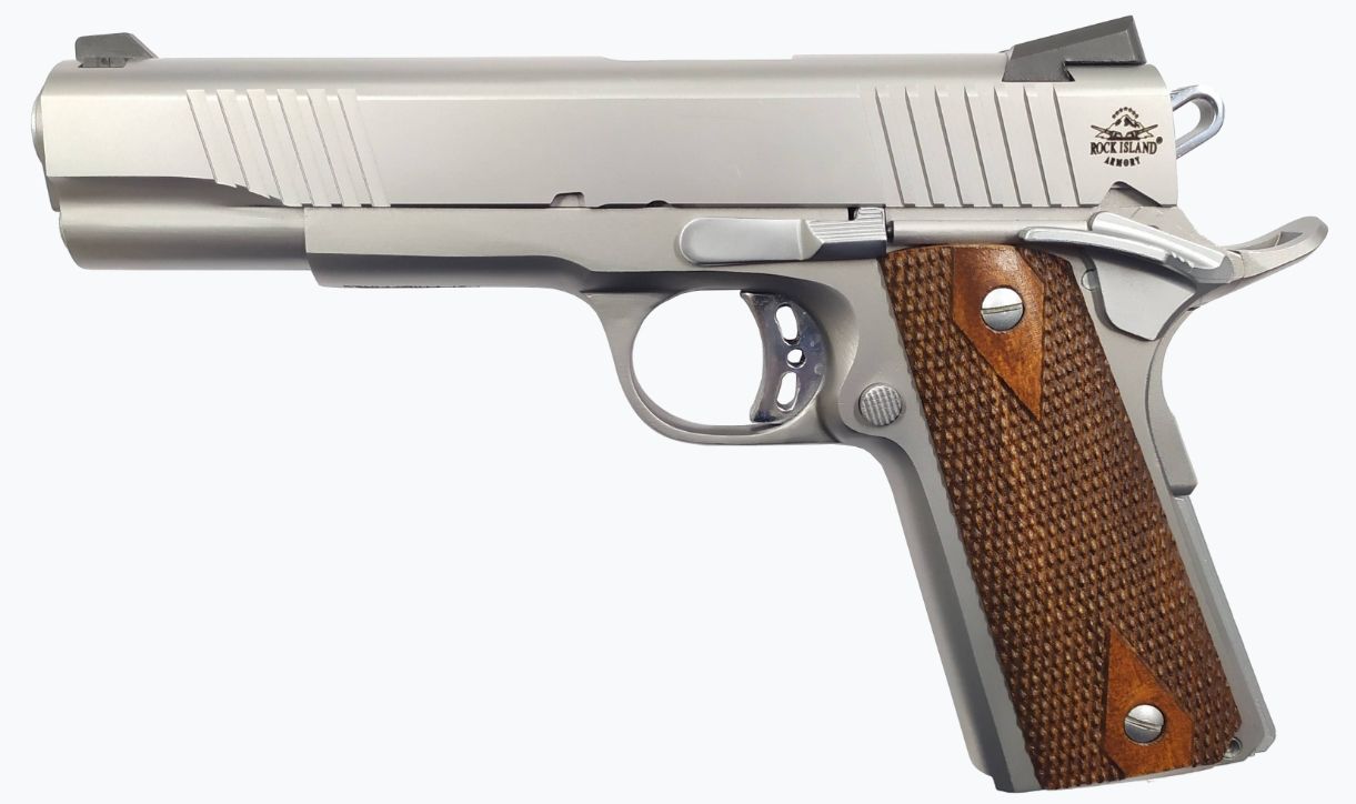 Rock Island Armory M1911 Rock FS Tactical Pistol 51414, 45 ACP, 5in, Double-Diamond Checkered Wood Grips, 8 Rds