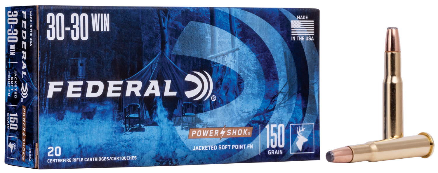 Federal Premium Power Shok Rifle Ammunition 3030A, 30-30 Winchester, Soft Point (SP), 150 GR, 2390 fps, 20 Rd/bx