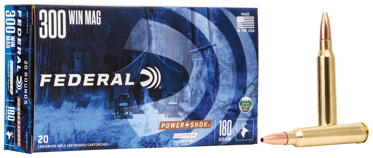 Federal Power-Shok Copper Rifle Ammunition 300W180LFA, 300 Win Mag, Copper Hollow Point, 180 GR, 2960 fps, 20 Rd/Bx