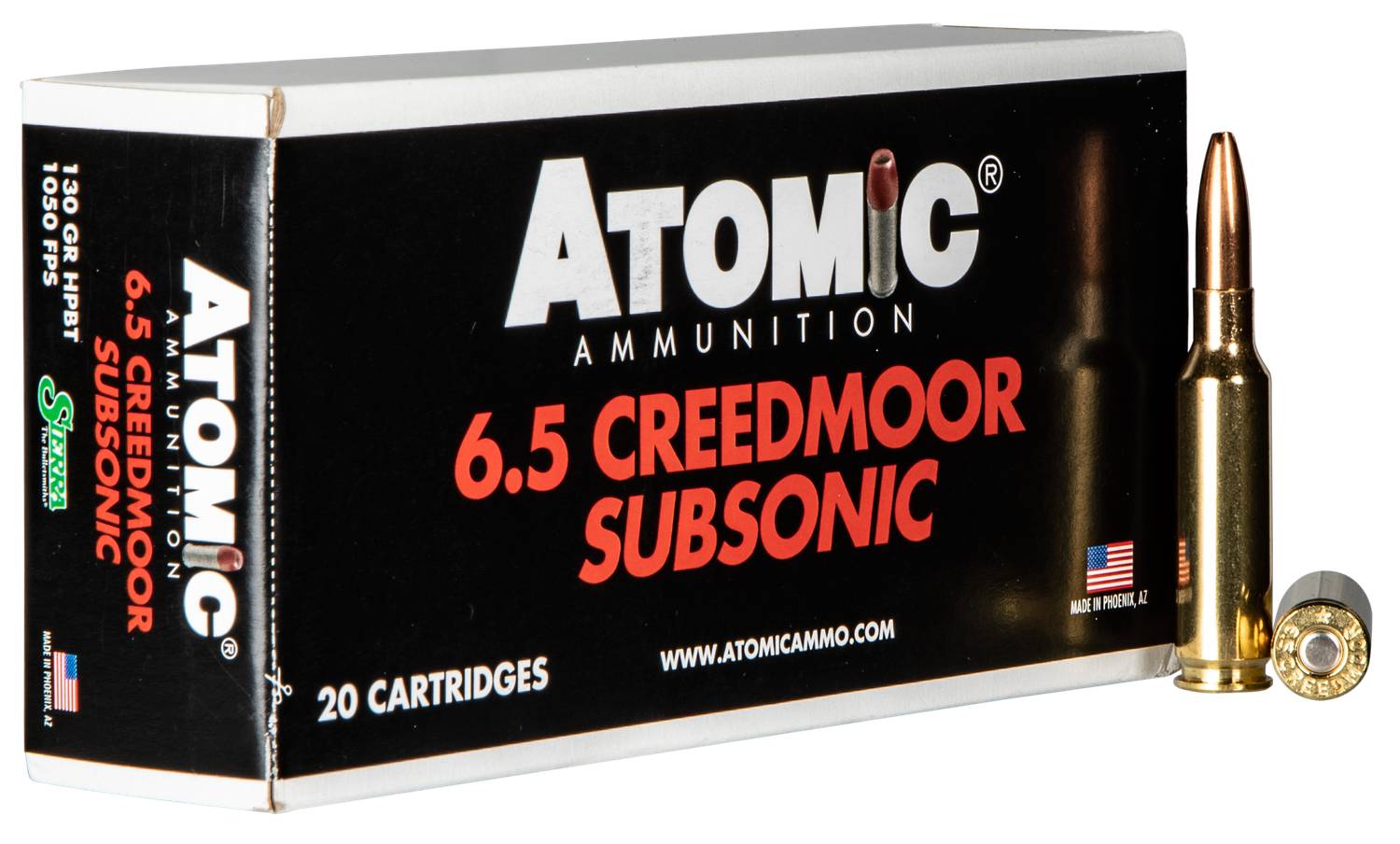 Atomic Subsonic Rifle Ammunition 00476, 6.5 Creedmoor, HPBT, 130 GR, 1050 fps, 20 Rds/Bx