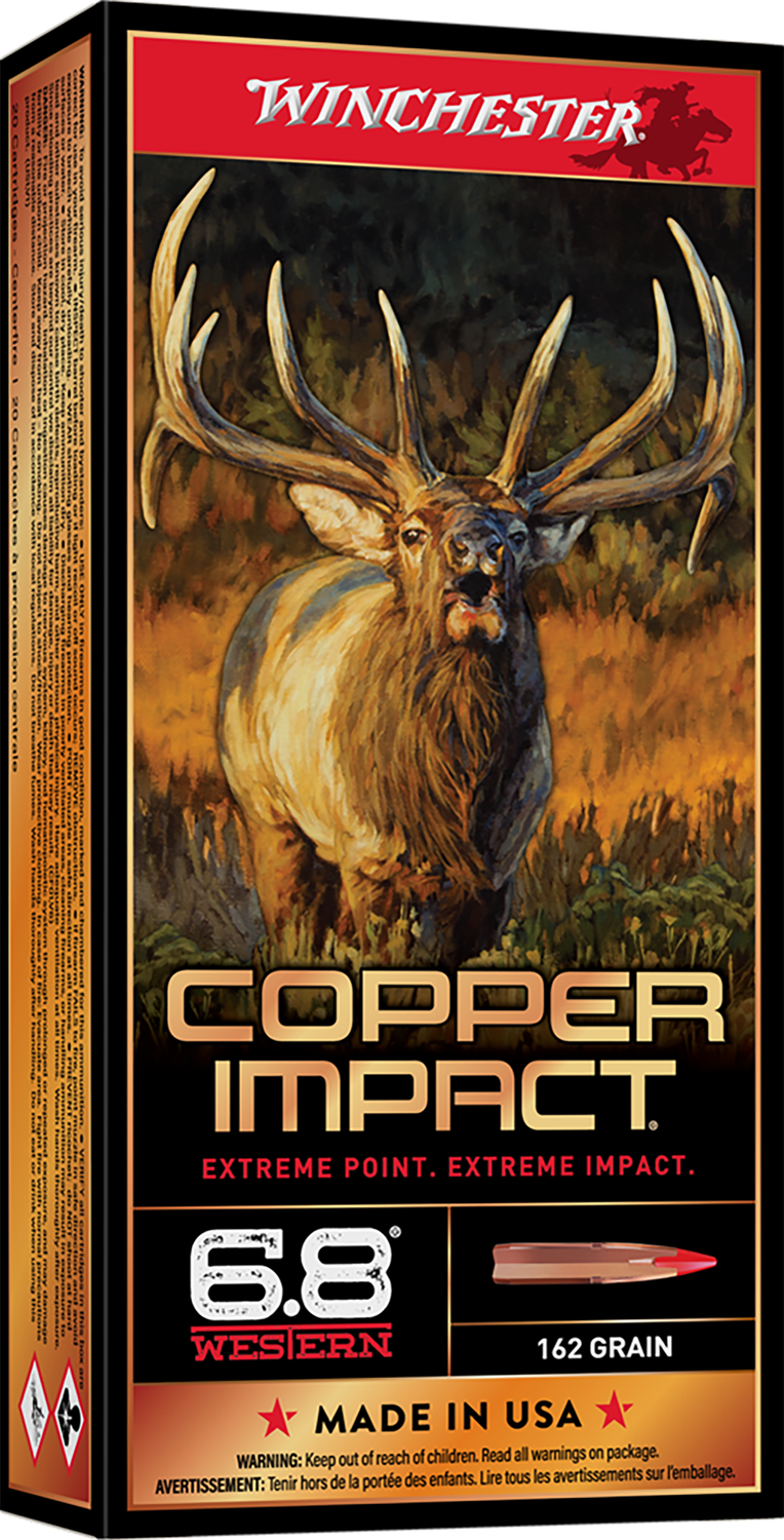 Winchester Copper Impact Rifle Ammunition X68WCLF, 6.8 Western, Copper Extreme Point Lead-Free, 162 GR, 2875 fps, 20 Rd/bx