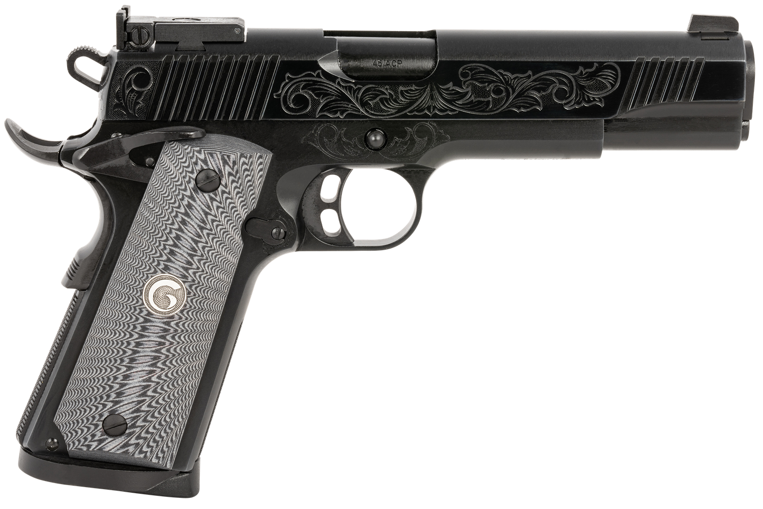EAA MC1911 S Lux Pistol 390098, 45 ACP, 5in, G10 Grips, Black Chrome Engraved Finish, 8 Rds