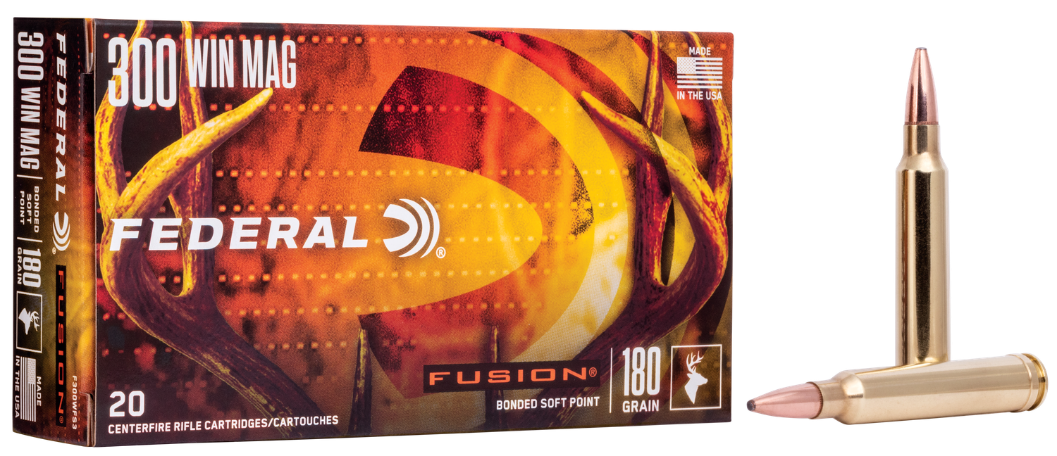 Federal Fusion Rifle Ammunition F300WFS3, 300 Winchester Mag, Fusion Ammunition, 180 GR, 2960 fps, 20 Rd/bx