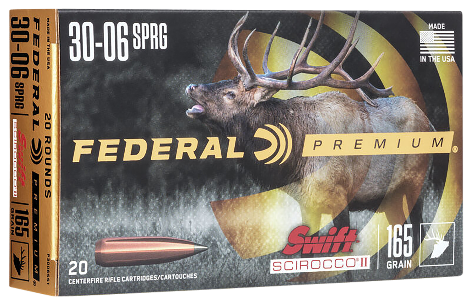 Federal Premium Rifle Ammunition P3006SS1, 30-06 Springfield, Swift Scirocco II, 165 gr, 2800 fps, 20 Rd/Bx