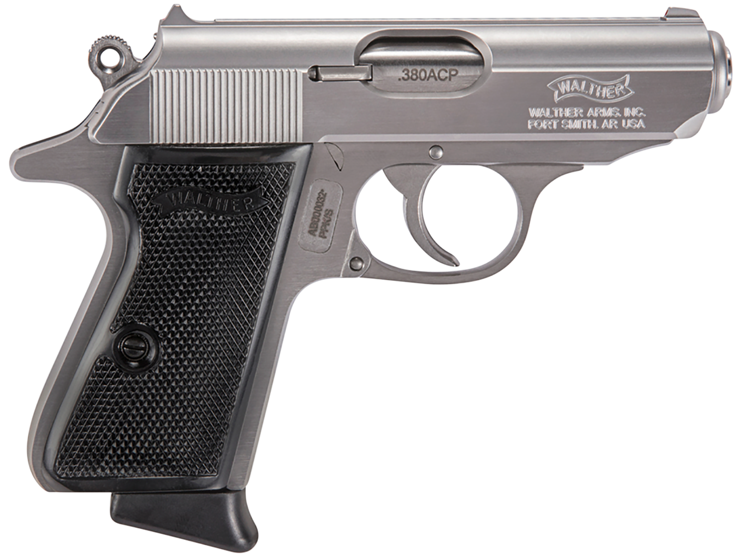 Walther PPK/S Semi-Auto Pistol 4796004, 380 ACP, 3.3", Black Plastic Grips, Stainless Finish, 7 Rd