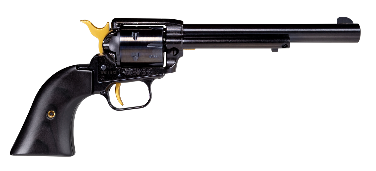 Heritage Rough Rider SAO Revolver RR22B4GLD, 22 LR, 4.75", Gold Accents, Wood Grips, Black Finish, 6 Rds