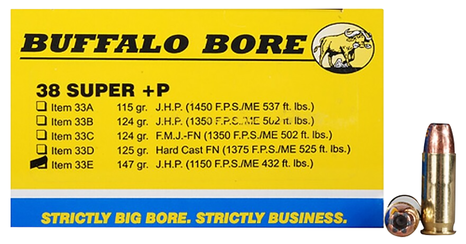Buffalo Bore Handgun Ammunition 33E/20, 38 Super +P, Jacketed Hollow Point (JHP), 147 GR, 1150 fps, 20 Rd/Bx