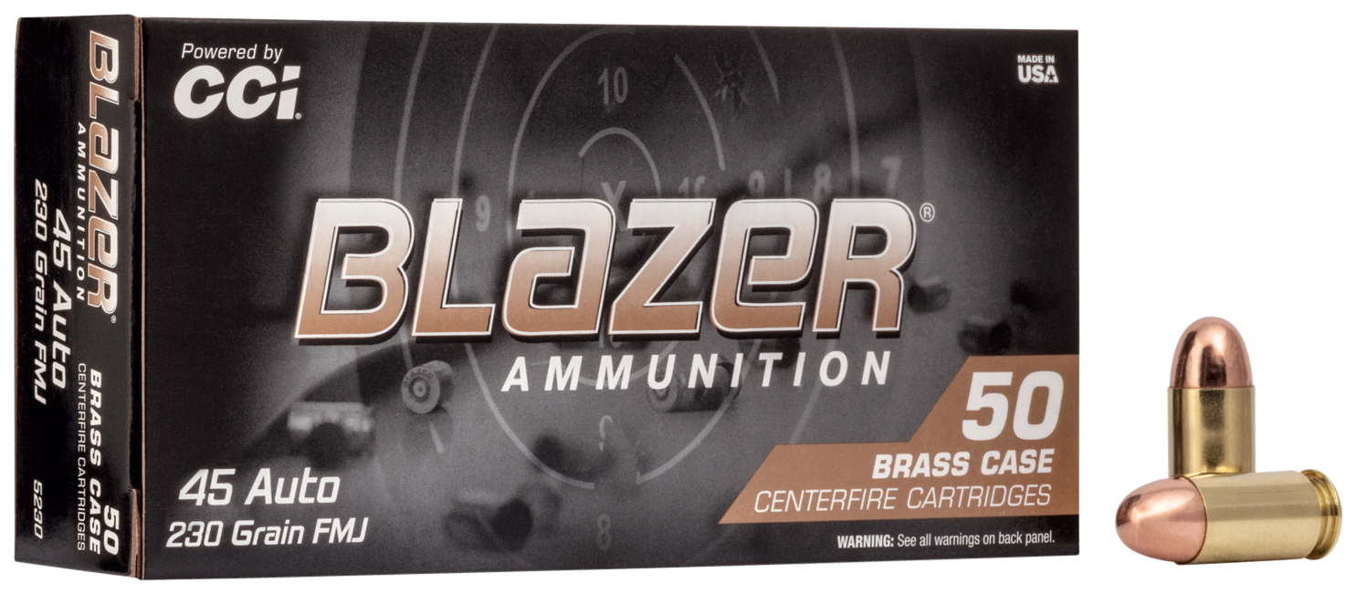 CCI Blazer Handgun Brass CF Brass Pistol Ammunition 5230, 45 ACP, Full Metal Jacket (FMJ), 230 GR, 830 fps, 50 Rd/bx
