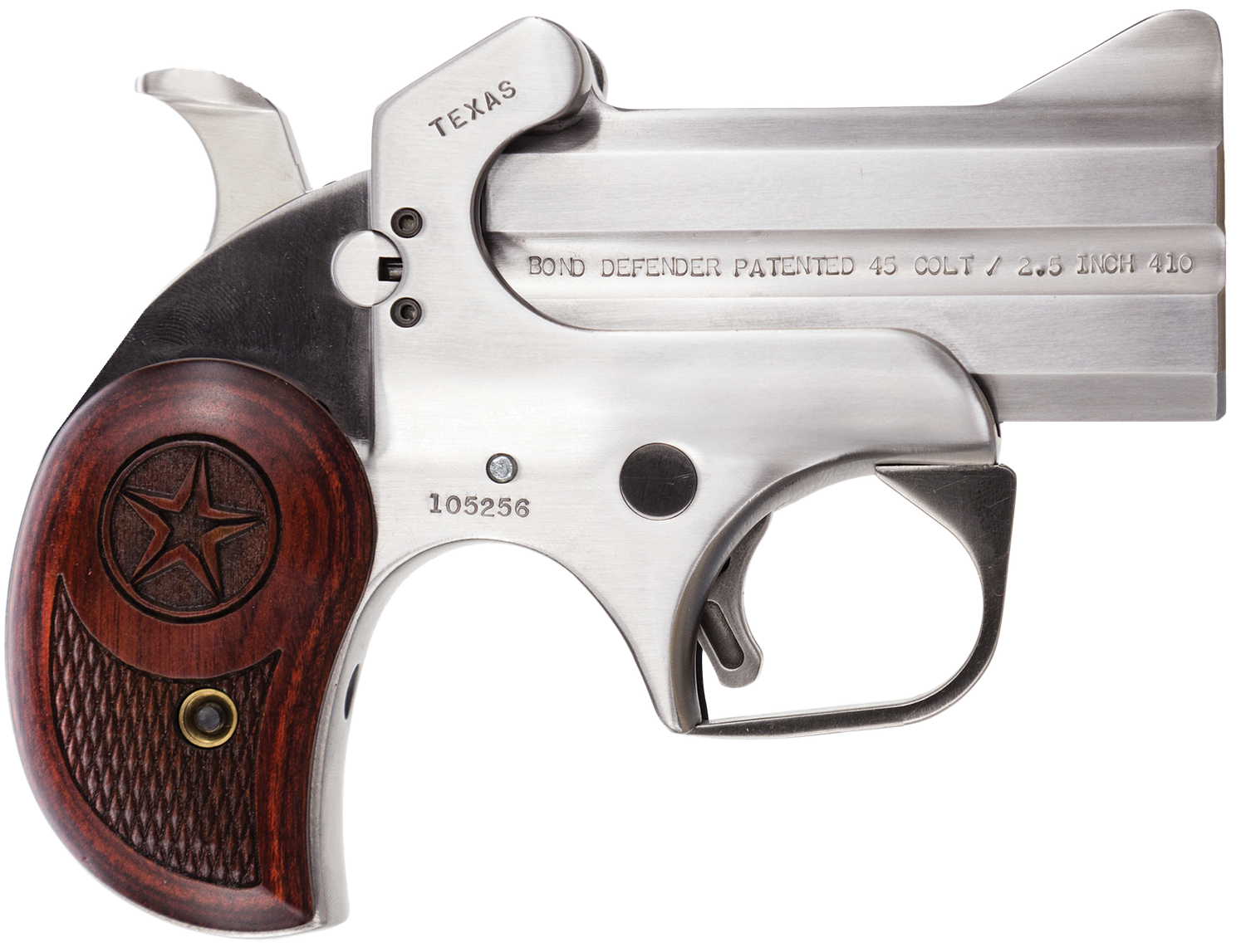 Bond Arms Texas Defender Derringer BATD45410, 410 GA / 45 Long Colt, 3", Lam Rosewood/Black Ash Grip, Satin Stainless Finish, 2 Rd