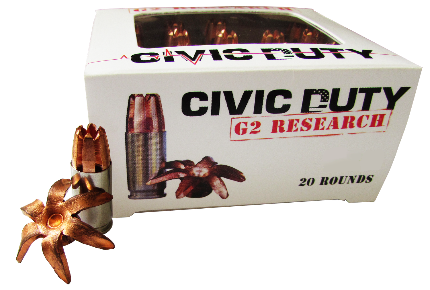G2 Research Civic Duty Pistol Ammunition CIVIC45ACP, 45 ACP +P, Copper Expansion Projectile, 164 GR, 1020 fps, 20 Rd/Bx