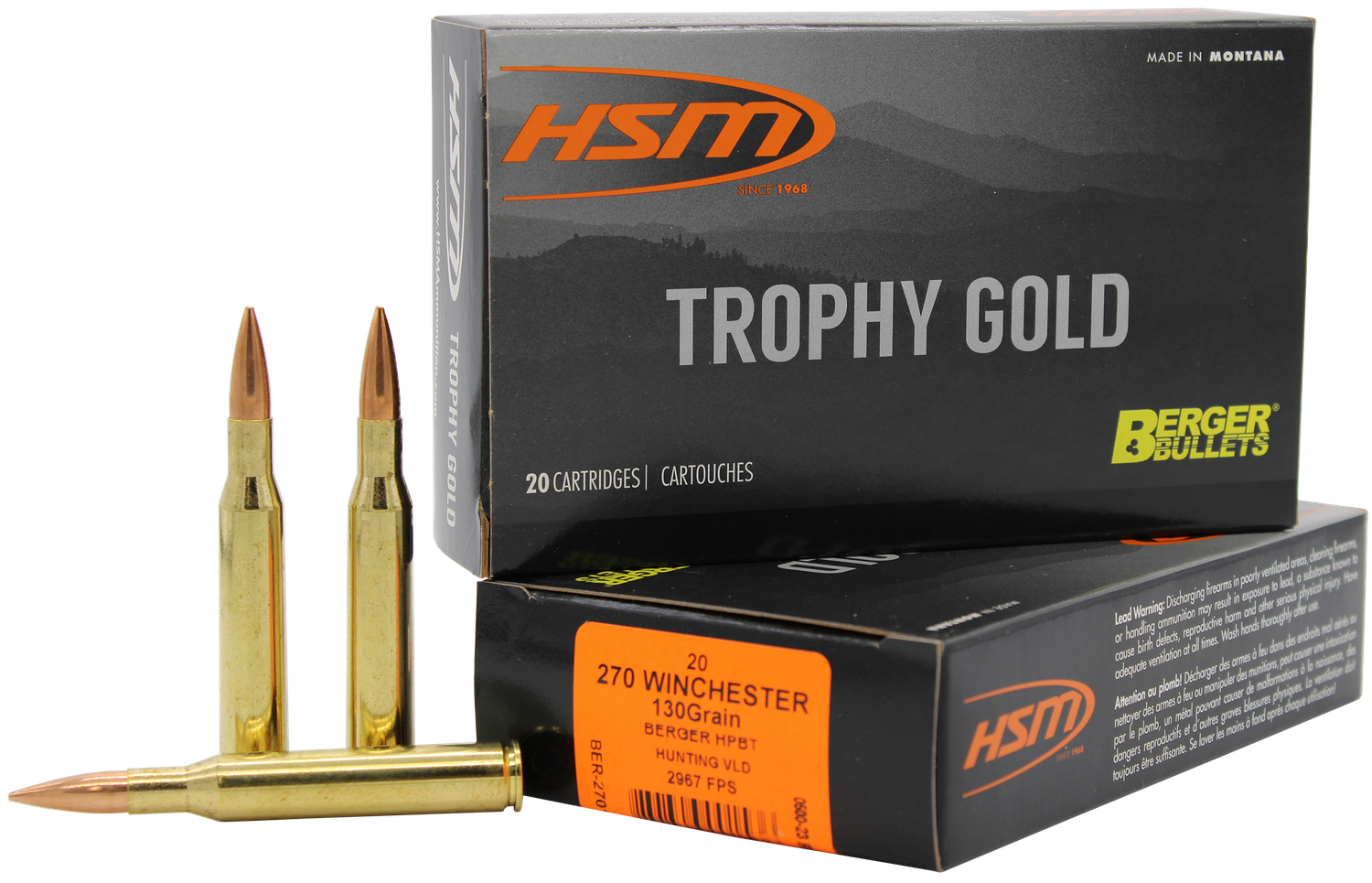 HSM Trophy Gold Rifle Ammunition 270130VLD, 270 Winchester, Berger Hunting VLD, 130 GR, 3091 fps, 20 Rd/bx