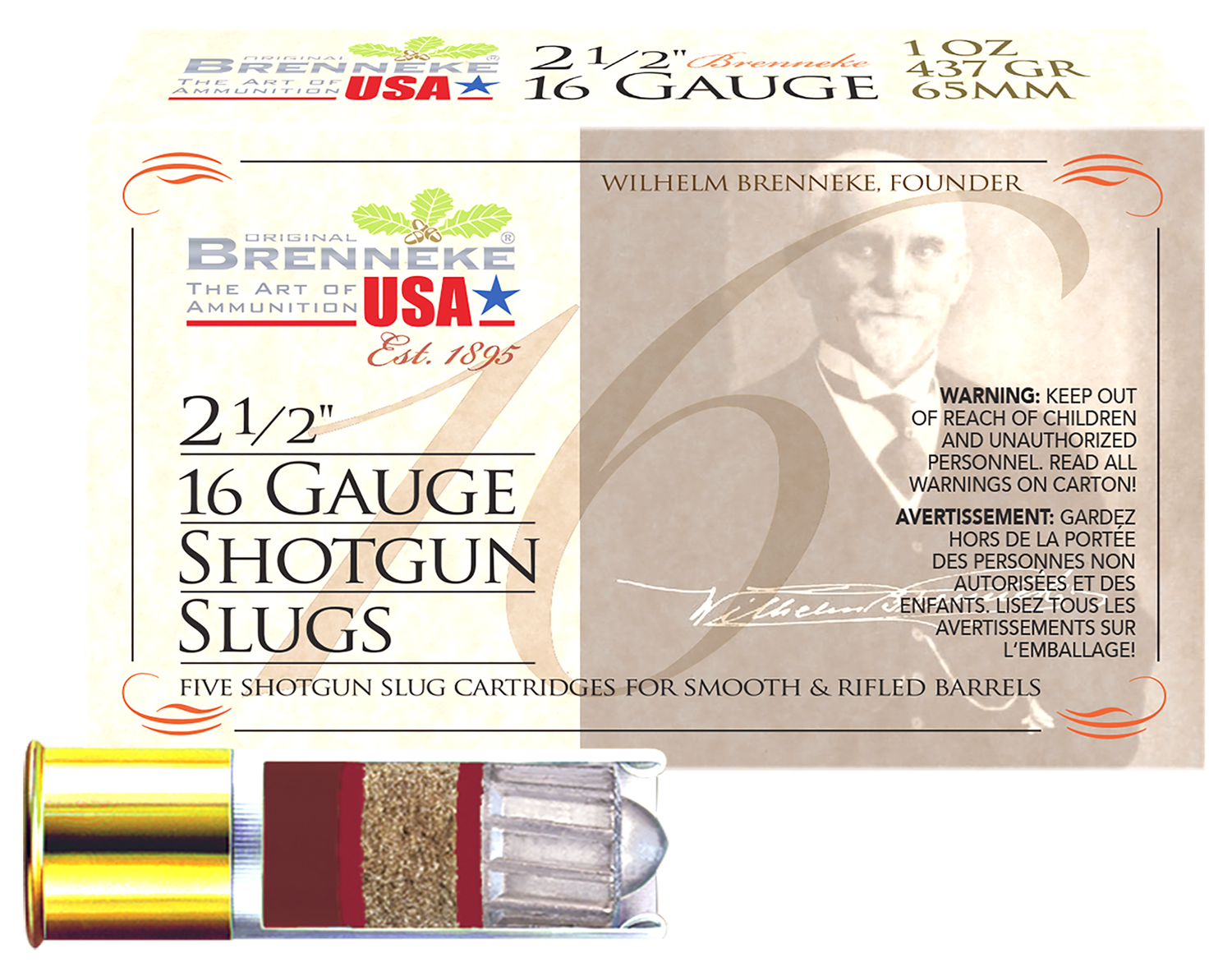 Brenneke 16 Shotshells SL162BR, 16 Gauge, 2-1/2", 1 oz, 1350 fps, Slug, 5 Rds/box