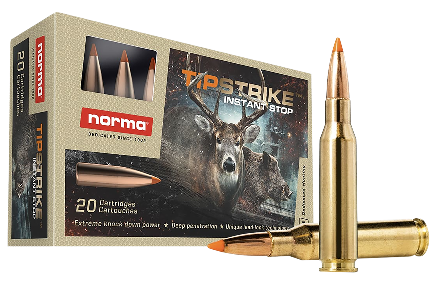 Norma Tipstrike Rifle Ammunition 20170362, 7mm-08 Rem, Polymer Tip, 160 gr, 2690 fps, 20 Rd/Bx