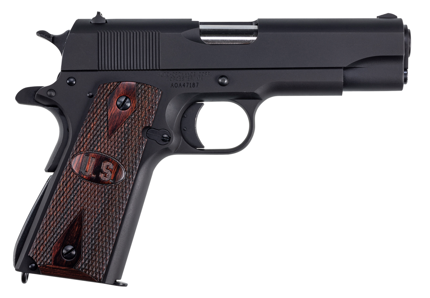 Kahr 1911 A1 Commander Pistol 1911BKOCW, 45 ACP, 4.25in, Checkered Wood w/Integrated US Logo, Matte Black Finish, 9 Rds