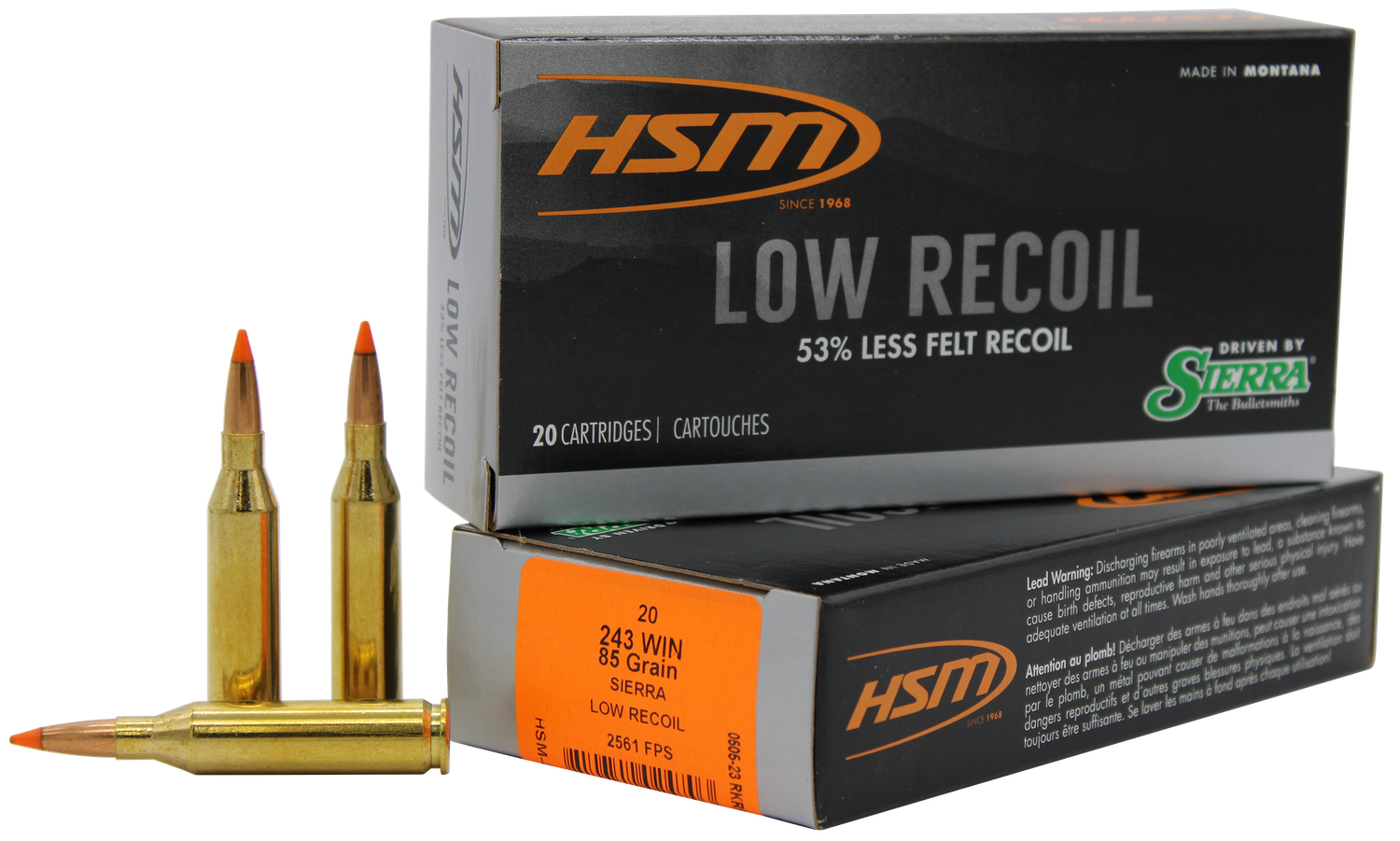 HSM Low Recoil Rifle Ammunition 24318N, 243 Winchester, Ballistic Tip, 85 GR, 2340 fps, 20 Rd/Bx