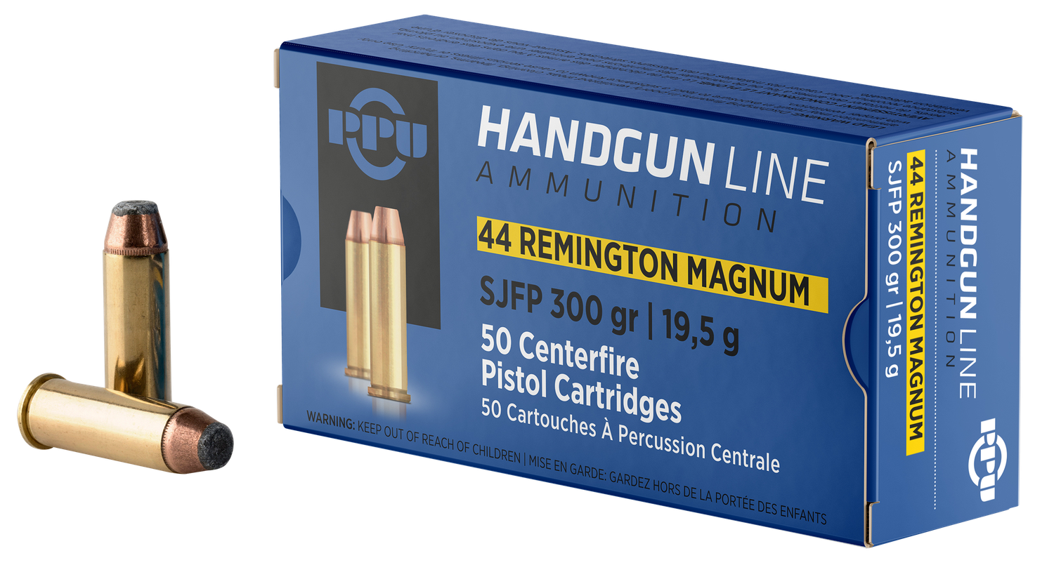 Prvi Partisan Pistol Ammunition PPH44MF, 44 Rem Mag, Semi Jacketed Flat Point, 300 gr, 1279 fps, 50 Rd/Bx