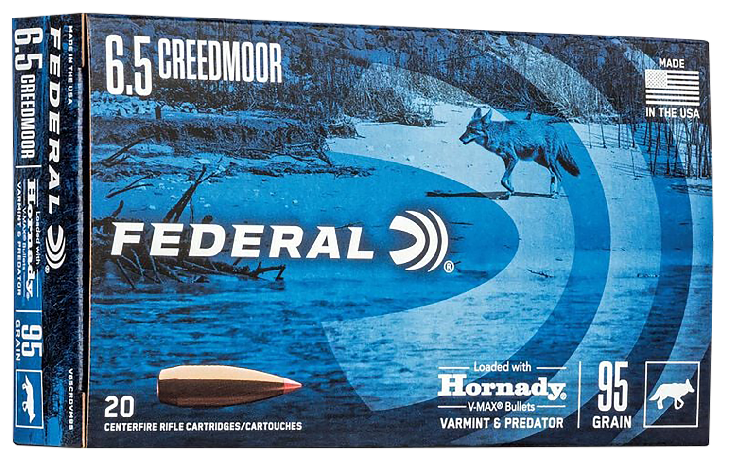 Federal Premium Varmint Rifle Ammunition V65CRDVM95, 6.5 Creedmoor, V-Max, 95 GR, 3300 fps, 20 Rds/Bx