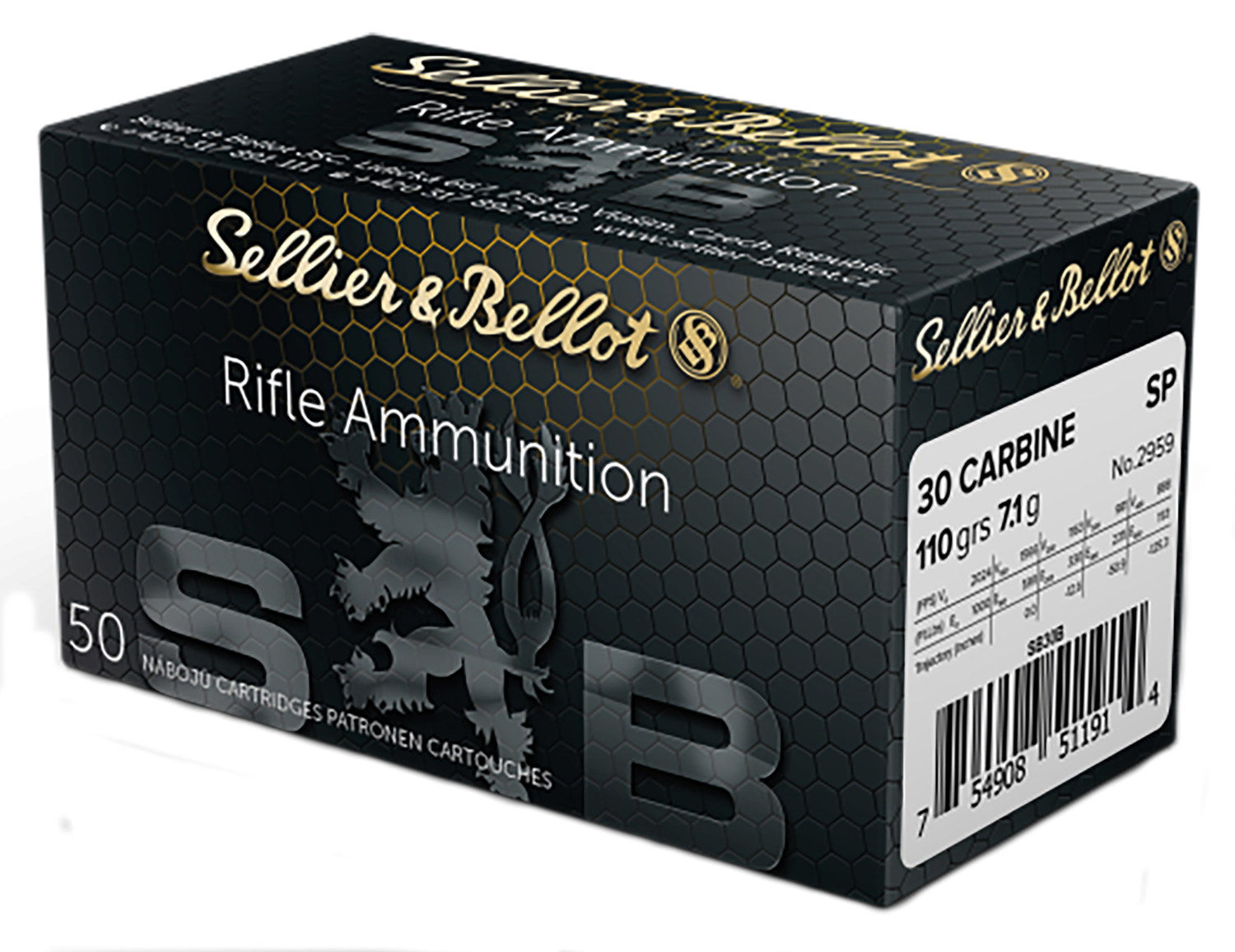 Sellier & Bellot Rifle Ammunition SB30B, 30 Carbine, Soft Point (SP), 110 GR, 1990 fps, 50 Rd/bx