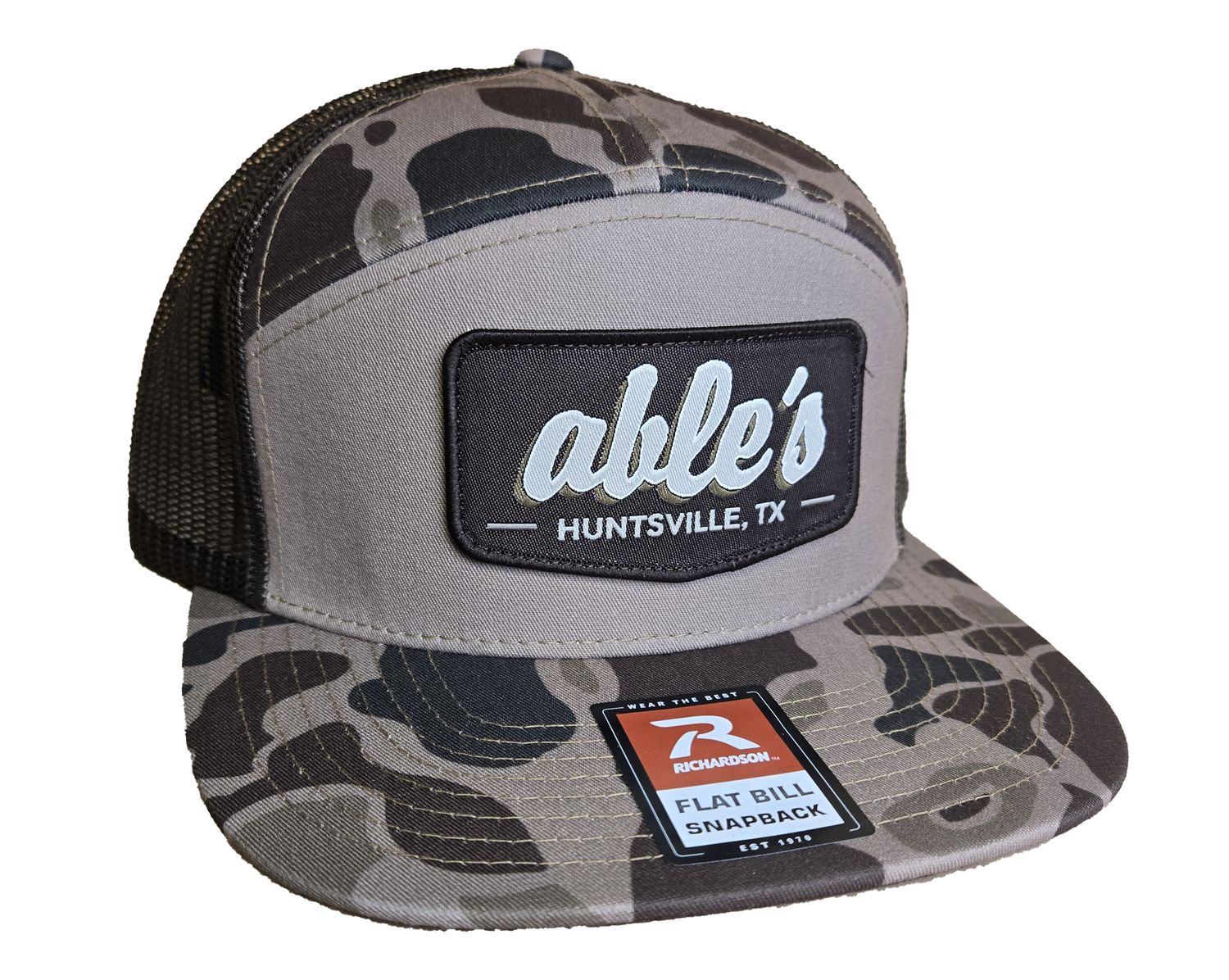 Able's Cap 168P 7 Panel Trucker, Bark Duck Camo, Brown Mesh  (ACBDCB)
