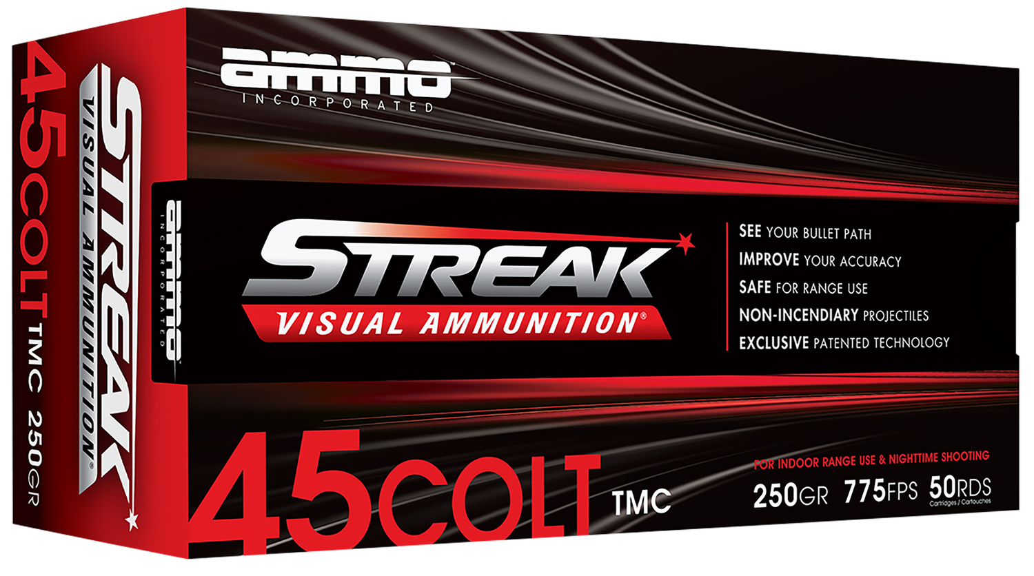 Ammo Inc Streak Visual (RED) Pistol Ammunition 45C250TMCSTRKRED50, 45 Colt, Total Metal Case, 250 GR, 775 fps, 50 Rd/bx