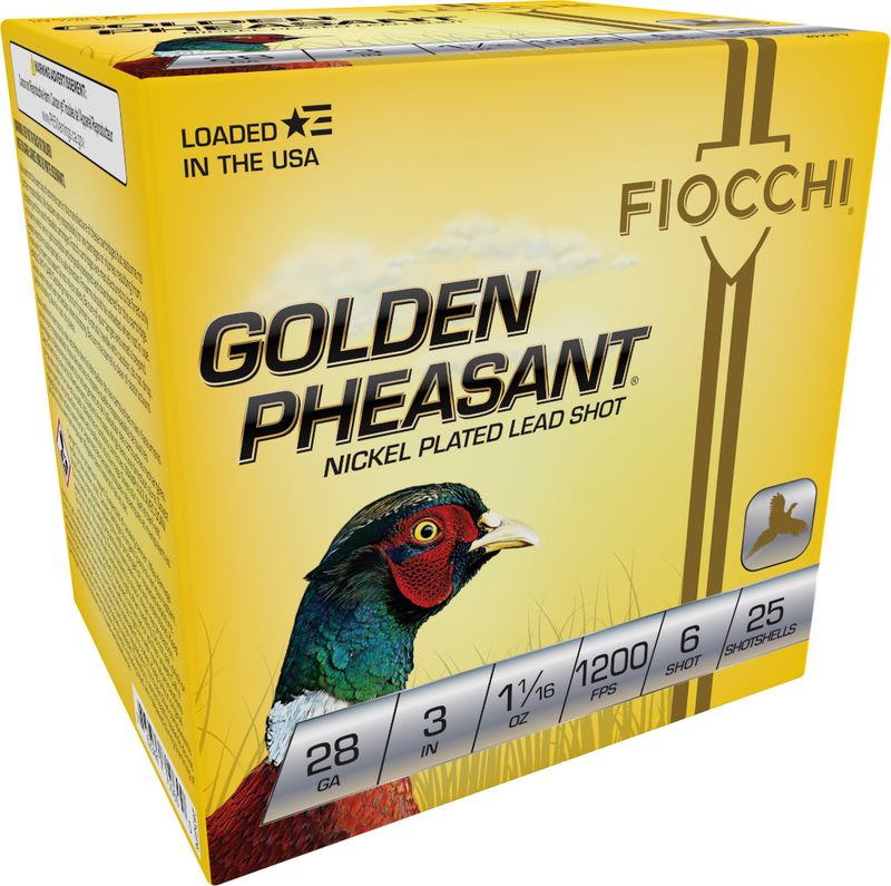 Fiocchi Golden Pheasant 283GP6, 28 Gauge, 3", 1 1/16 oz, 1200 fps, #6 Nickel-Plated Lead Shot, 25 Rds/Bx