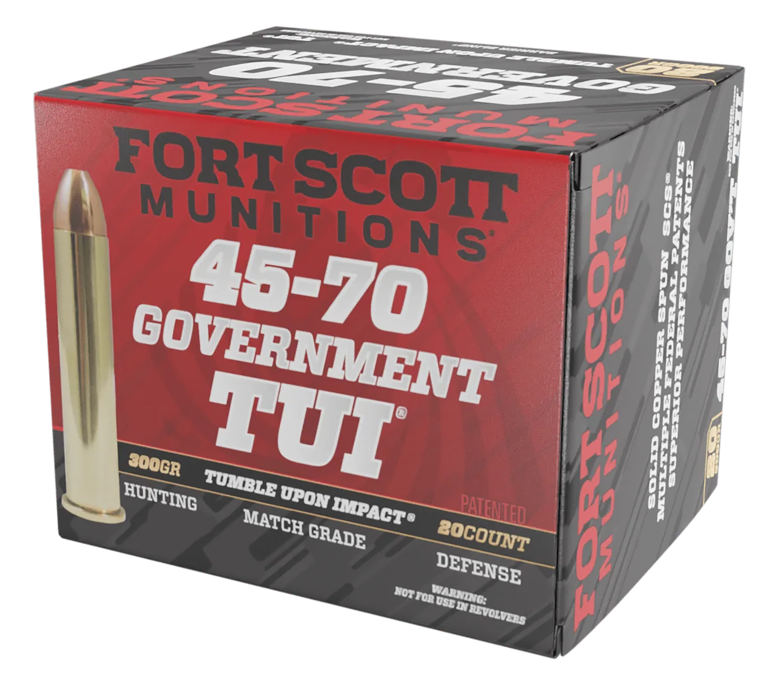 Fort Scott Munitions TUI Rifle Ammunition 4570300SCV1, 45-70 Gov, Solid Copper Spun, 300 gr, 1763 fps, 20 Rd/Bx