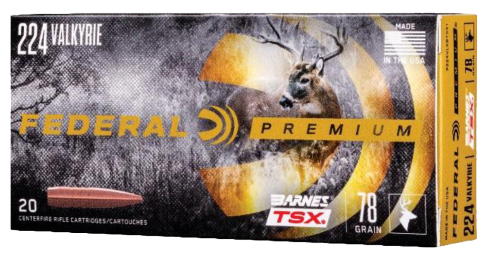 Federal Premium Barnes TSX Rifle Ammunition P224VLKBTSX1, 224 Valkyrie, Barnes TSX, 78 GR, 20 Rds/Bx