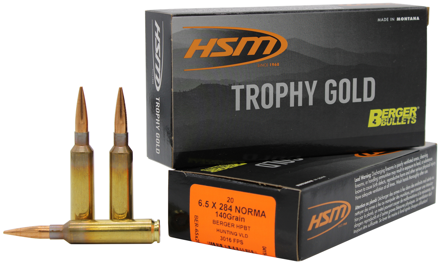 HSM Trophy Gold Rifle Ammunition 65X284140VLD, 6.5x284 Norma, Berger Hunting VLD, 140 GR, 2868 fps, 20 Rd/bx
