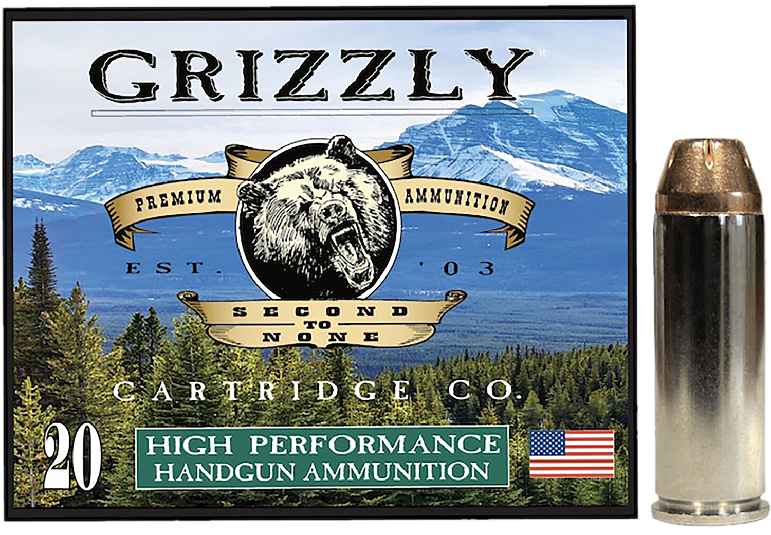 Grizzly Ammunition High Performance Pistol Ammunition GC45C+P3, 45 Colt, Jacketed Hollow Point (JHP), 225 GR, 1000 fps, 20 Rd/bx