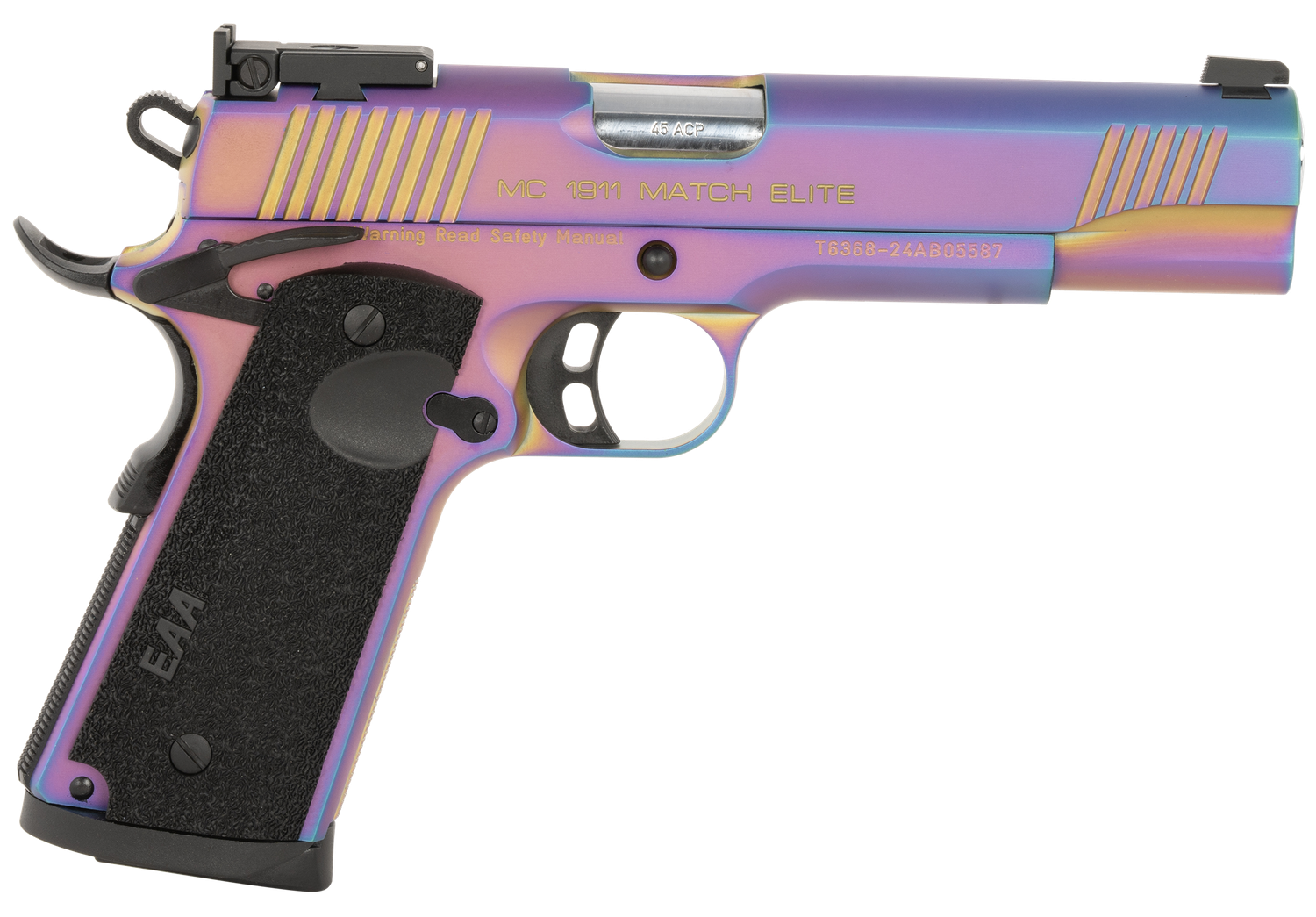 EAA MC1911 Pistol 391091, 45 ACP, 5in, Black Textured Grips, Multi Color PVD Coating Finish, 8 Rds