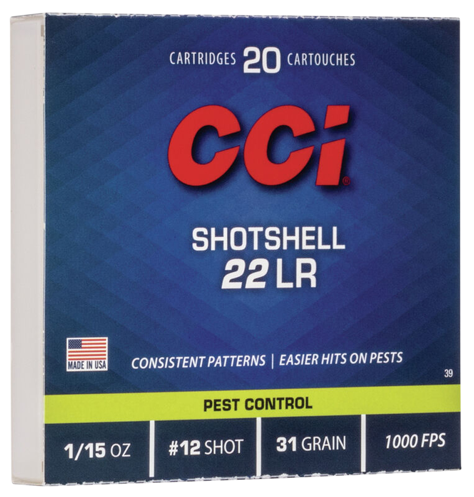CCI Shotshell Small Game Rimfire Ammunition 0039, 22 Long Rifle, #12 Shot, 31 GR, 1000 fps, 20 Rd/bx