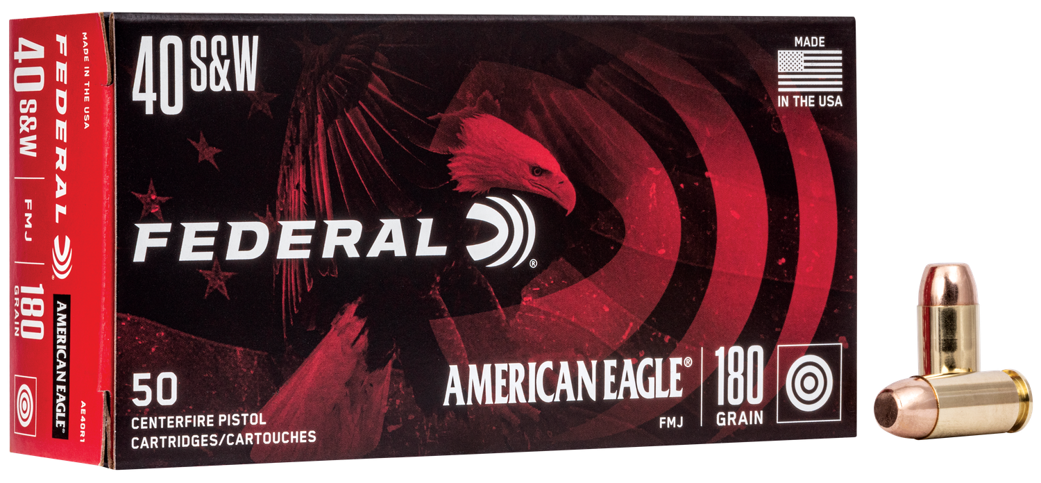 Federal American Eagle Pistol Ammunition AE40R1, 40 S&W, Full Metal Jacket (FMJ), 180 GR, 990 fps, 50 Rd/bx