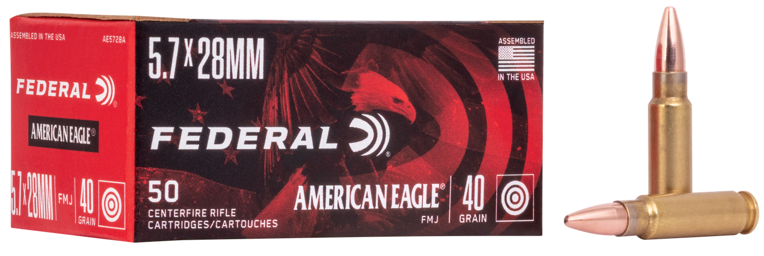 Federal FiveSeven Handgun Ammo AE5728A, 5.7mmX28mm, Full Metal Jacket (FMJ), 2250 fps, 40 GR, 50 Rd/Bx