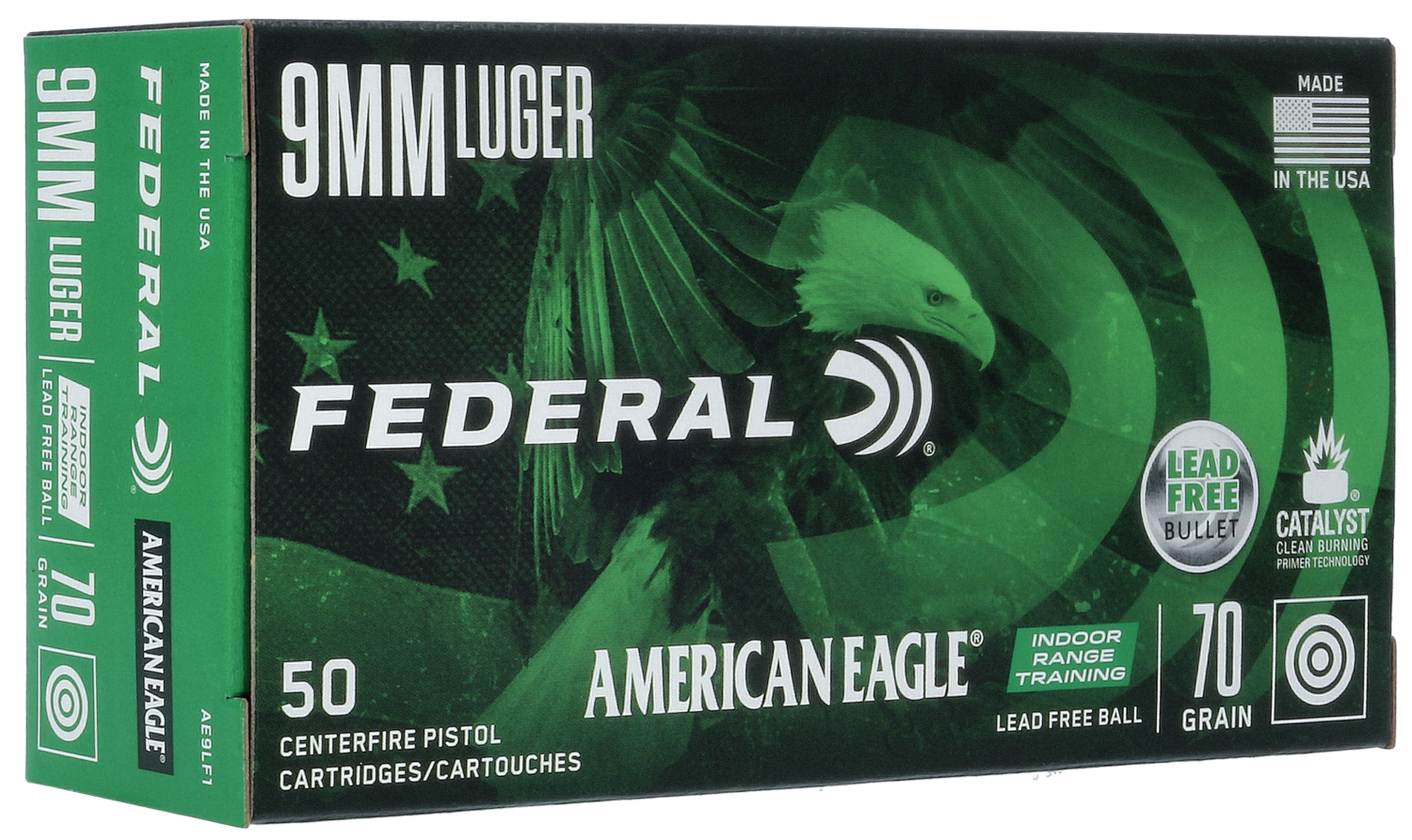 Federal American Eagle Indoor Range Training Pistol Ammunition AE9LF1, 9mm, Lead Free Ball, 70 GR, 1625 fps, 50 Rd/bx