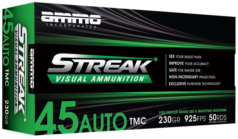 Ammo Inc Streak Visual (GREEN) Self Defense Pistol Ammunition 45230TMCSTRKGRN50, 45 ACP, Total Metal Case, 230  GR, 432  fps, 50 Rd/bx