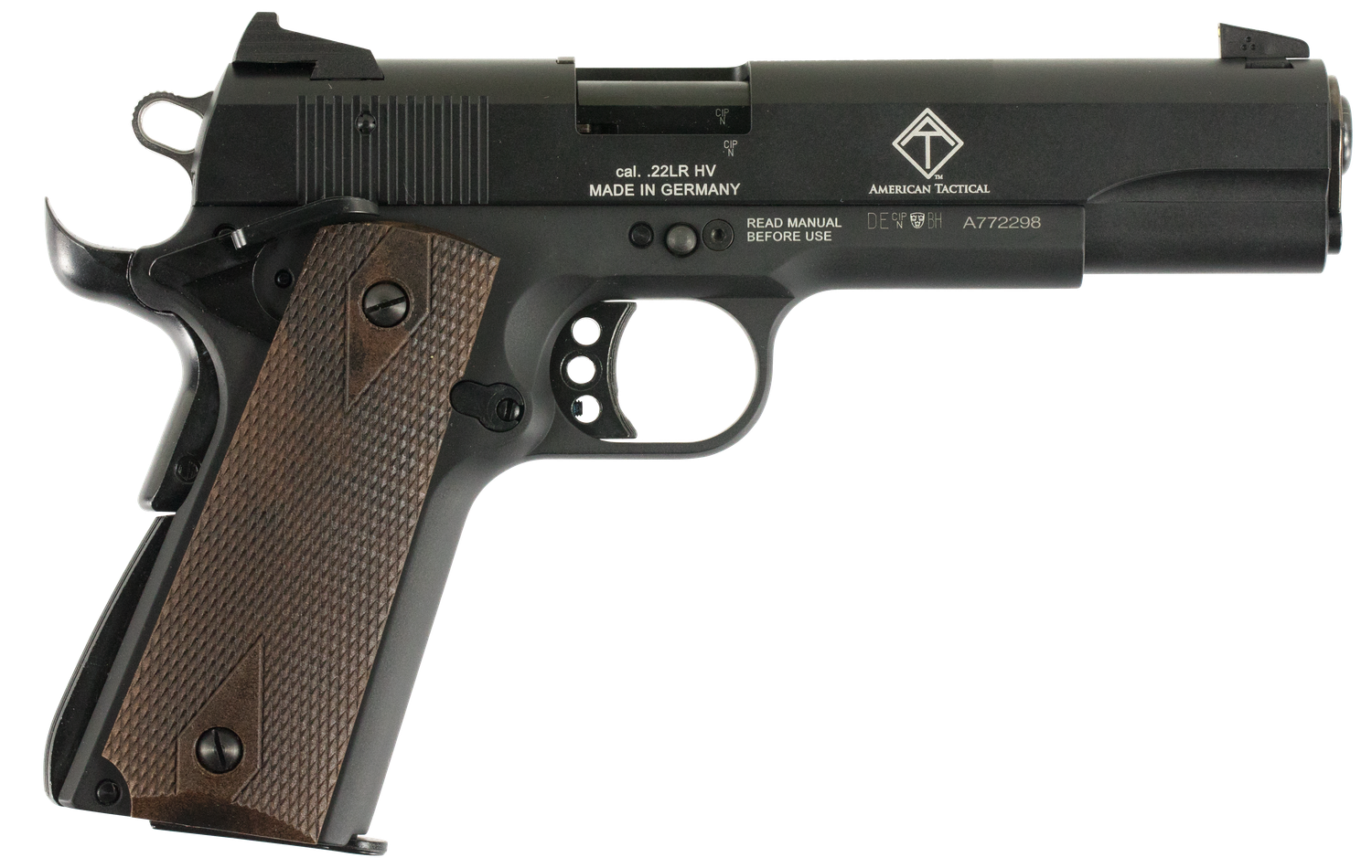 American Tactical GSG 1911 Pistol 2210M1911, 22 Long Rifle, 5 in, Checkered Wood Grip, Black Finish, 3-Dot Fixed Sights, 10 Rd