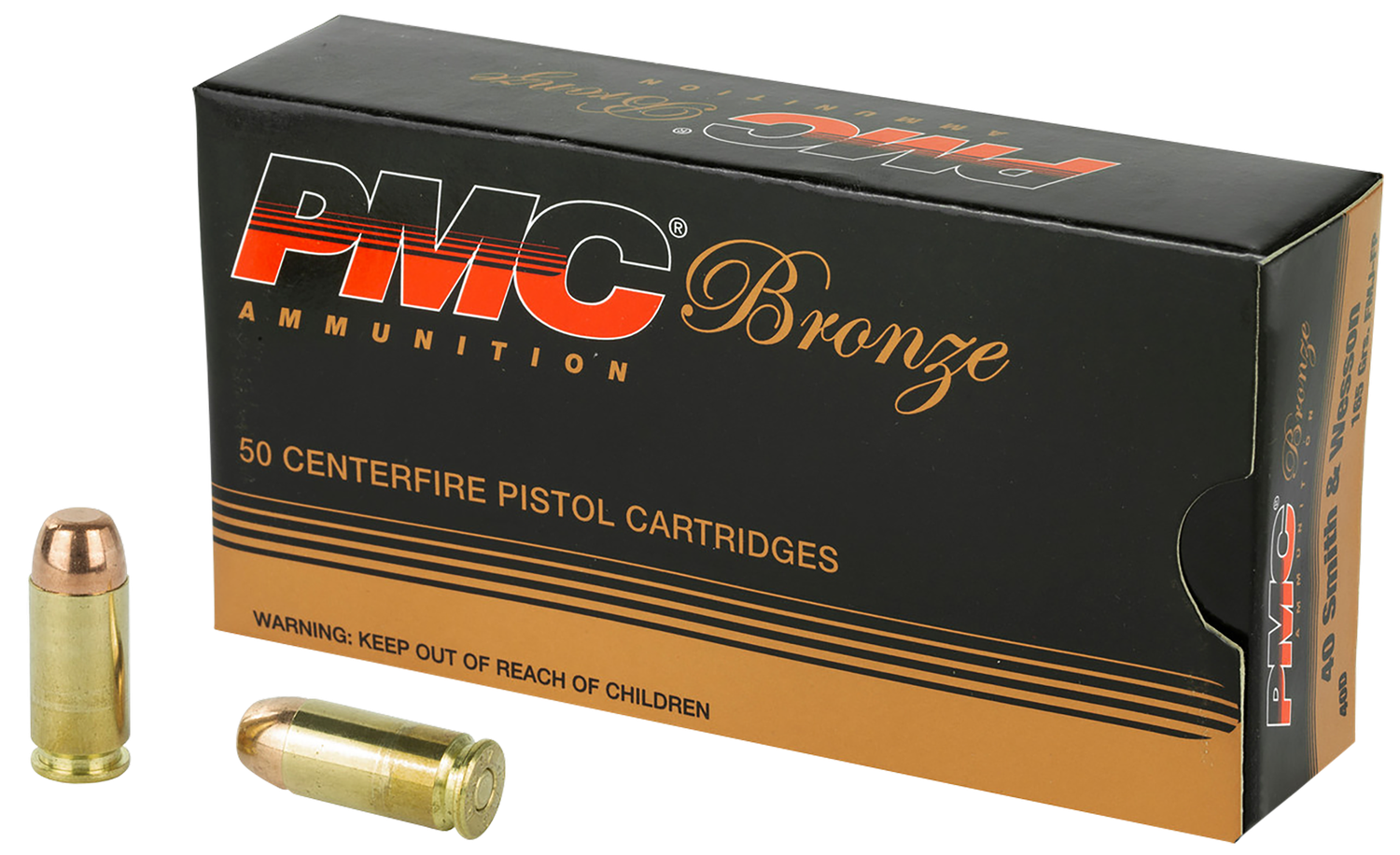 PMC Bronze Line Pistol Ammunition 40D, 40 S&W, Full Metal Jacket (FMJ), 165 GR, 985 fps, 50 Rd/bx