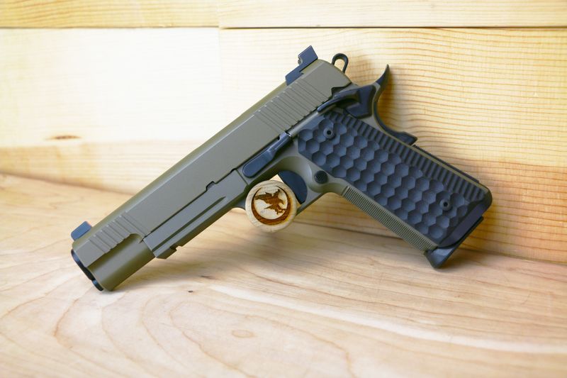 Nighthawk Custom Shadow Hawk Pistol 9678, 45 ACP, 5", Black Grips, Sandhawk Tan Finish, 7 Rds