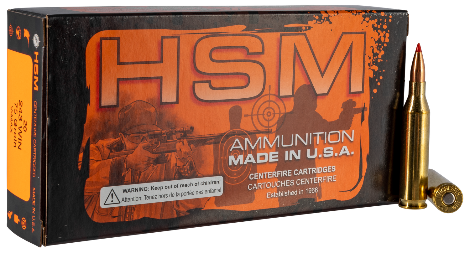 HSM Varmint Rifle Ammunition 2432N, 243 Win, V-Max, 75 gr, 3300 fps, 25 Rd/Bx