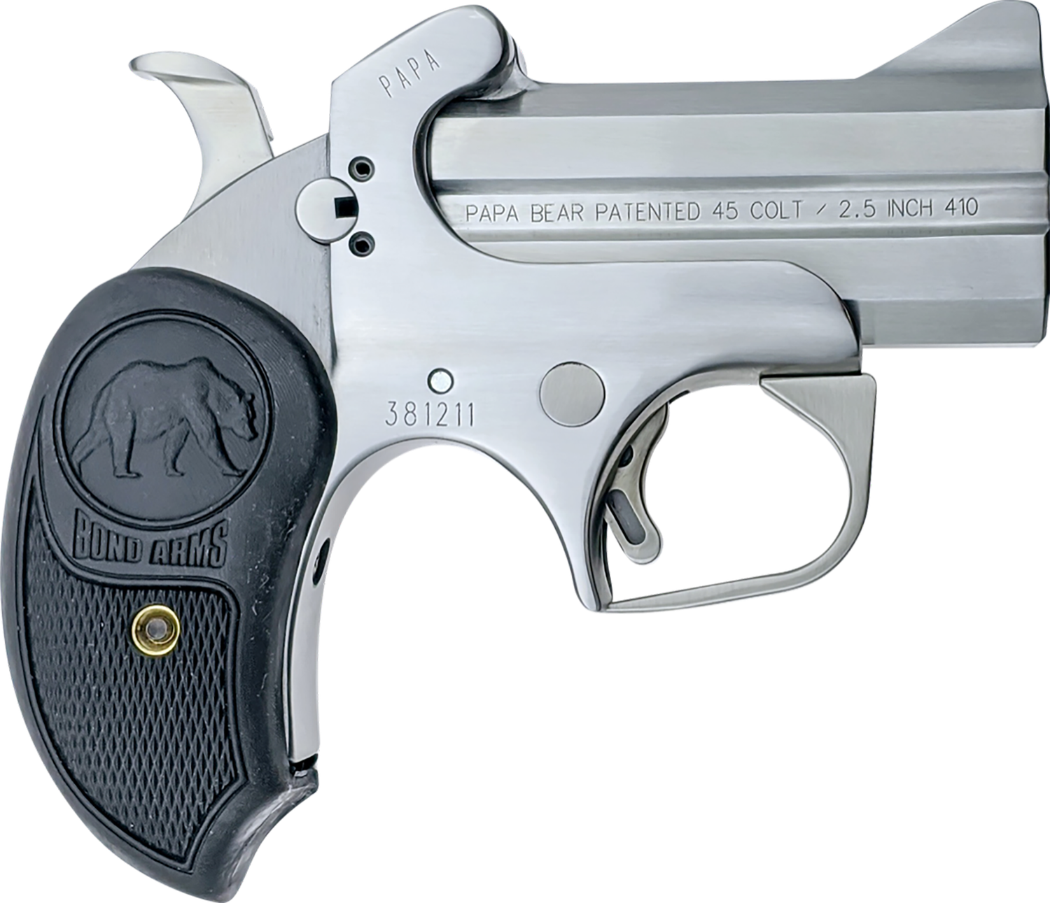 Bond Arms Papa Bear Pistol BAPB, 45 Colt / 410 Gauge, 3", Extended Rubber Grips, Stainless Finish, 2 Rds