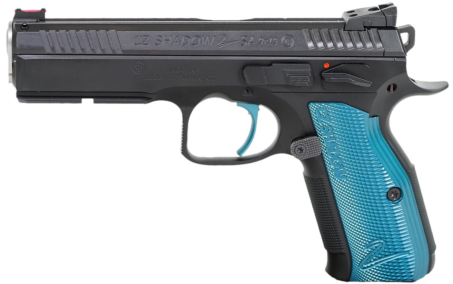 CZ-USA Shadow 2 Pistol 91044, 9mm Luger, 4.89in, Blue Checkered Aluminum, Black Polycoat Finish, 17 Rds