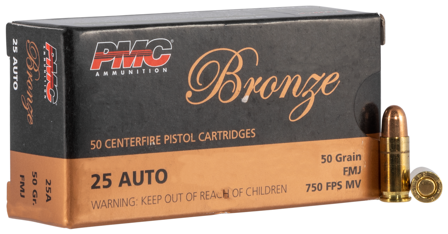 PMC Bronze Line Pistol Ammunition 25A, 25 ACP, Full Metal Jacket (FMJ), 50 GR, 750 fps, 50 Rd/bx