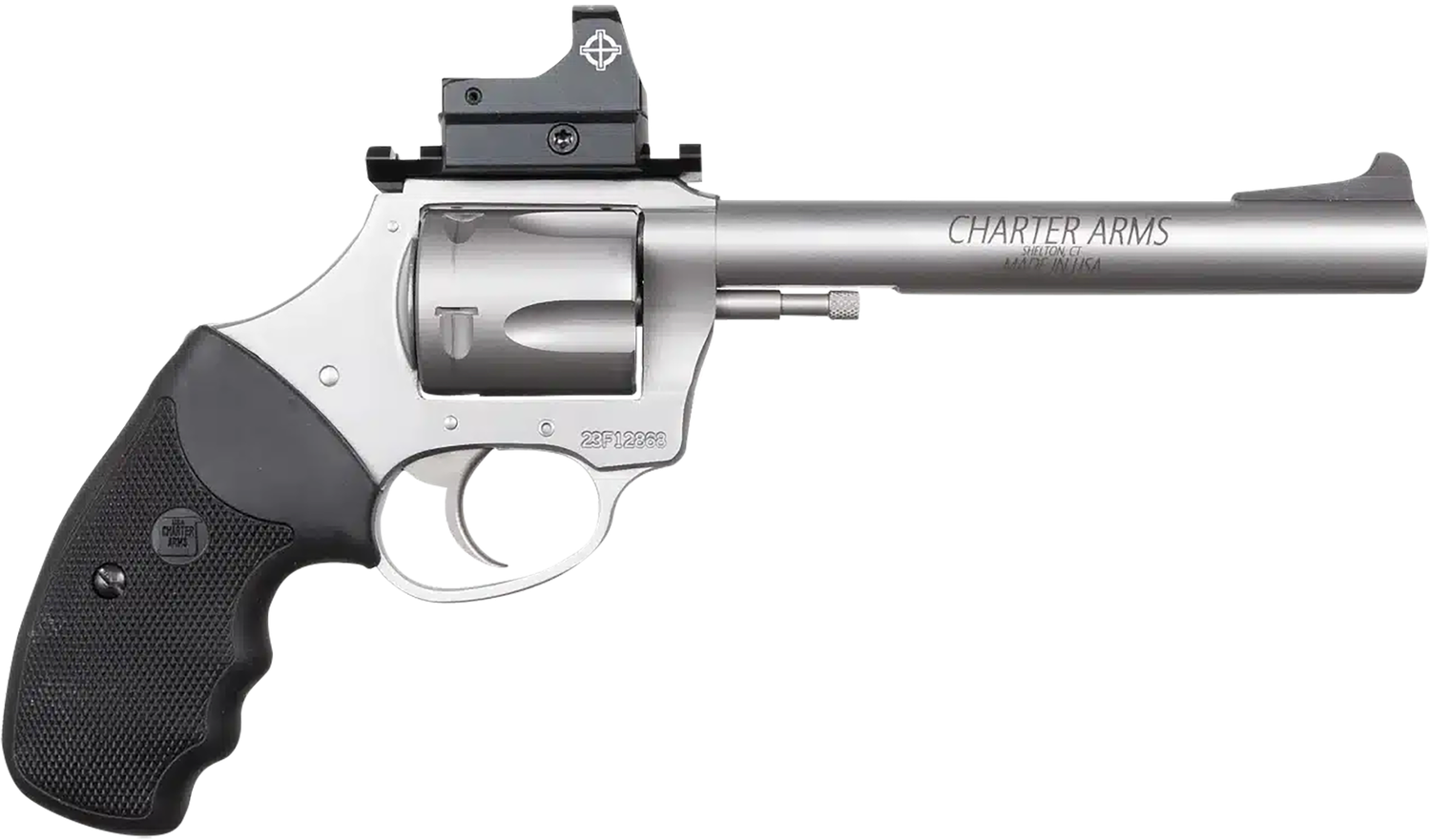 Charter Mastiff Target Revolver 79965, 9mm Luger, 6in, Black Rubber Grips, Steel Frame Finish, 5 Rds