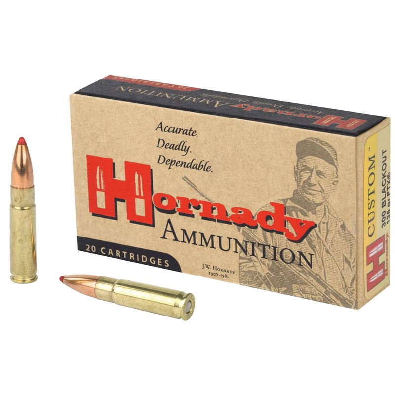 Hornady Custom Rifle Ammunition 80881, 300 AAC Blackout, FTX, 135 GR, 2085 fps, 20 Rd/bx