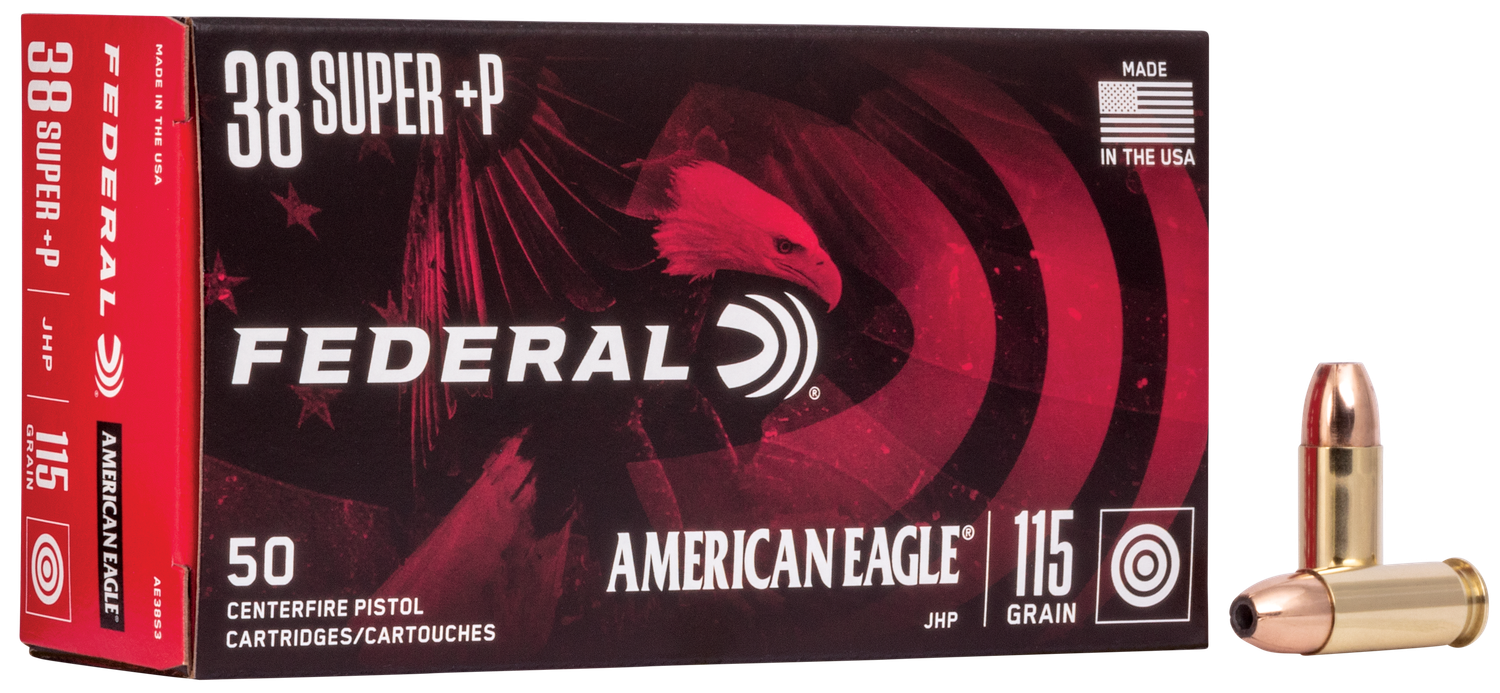 Federal American Eagle Pistol Ammunition AE38S3, 38 Super +P, Jacketed Hollow Point (JHP), 115 GR, 1130 fps, 50 round