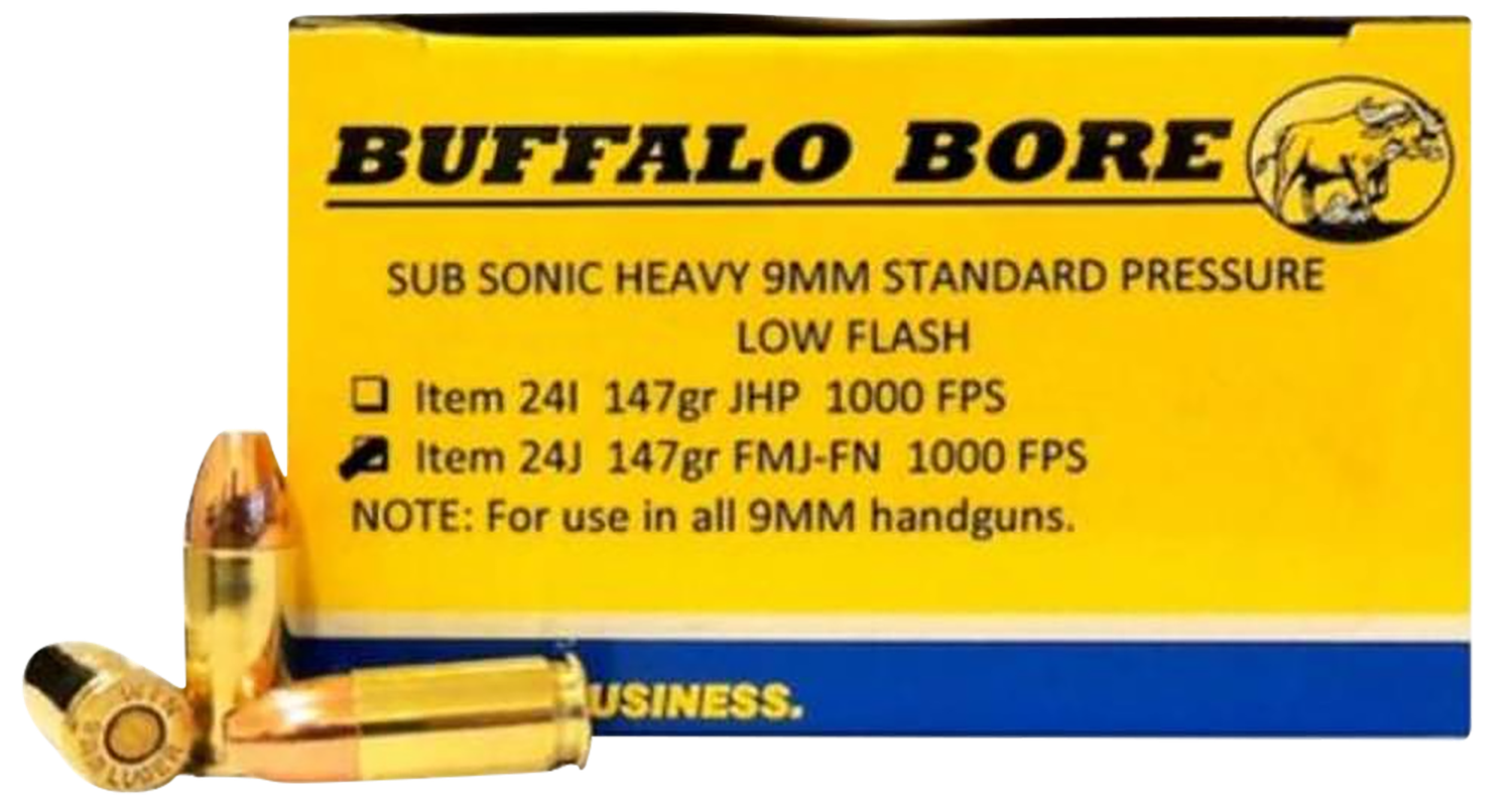 Buffalo Bore Handgun Ammunition 24J/20, 9mm, Full Metal Jacket Flat Nose, 147 GR, 1000 fps, 20 Rd/bx